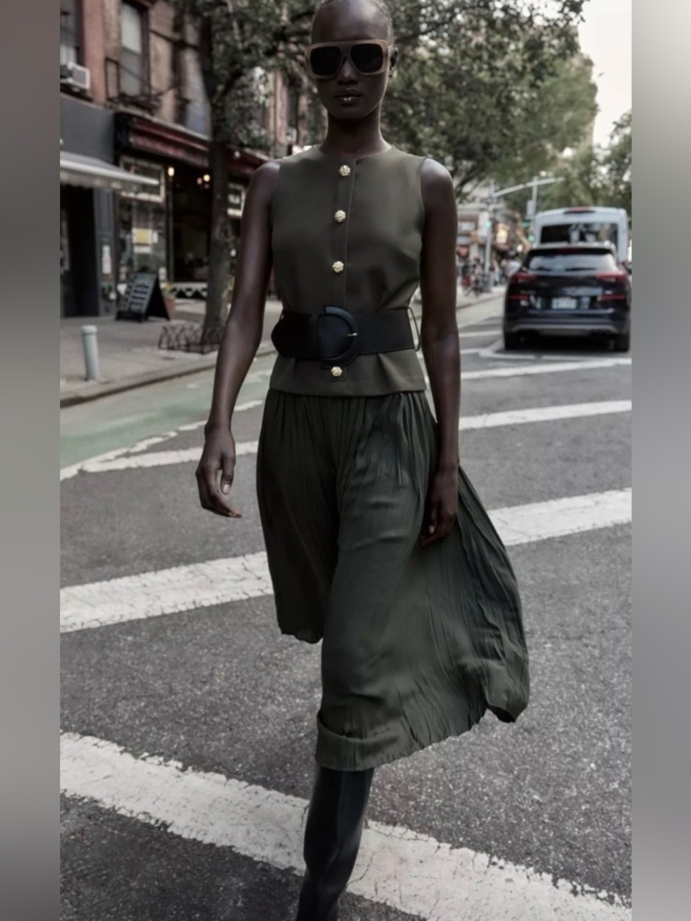 Zara Belted Midi Dress Round Neck Sleeveless Pleated Skirt Gold Buttons Khaki L